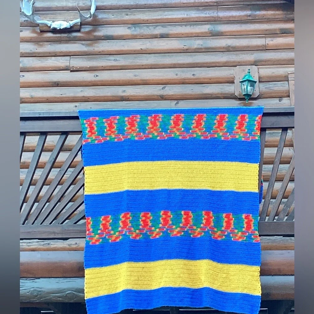 🦋 CROCHETED VINTAGE BLANKET WHIMSICAL COLORS THROW Hand Made 51” X 79”